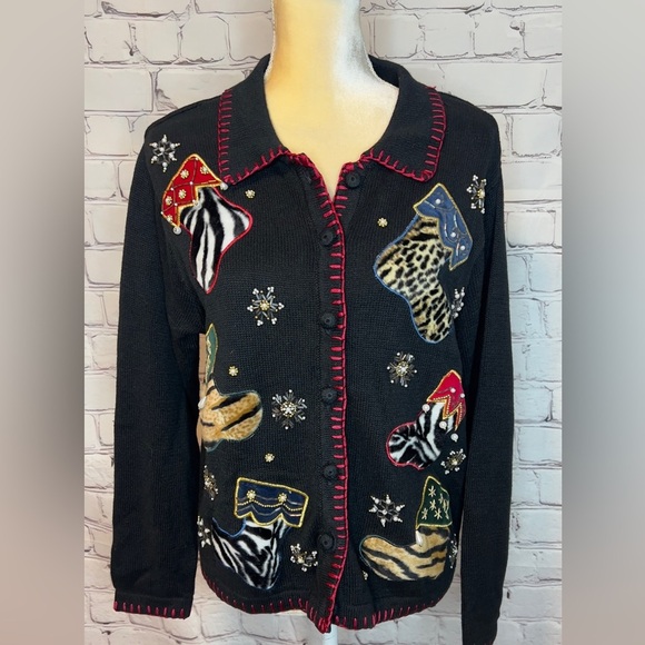 VINTAGE 80’s NOVELTY FUN CHRISTMAS SWEATER CARDIGAN ANIMAL PRINT STOCKING - Picture 1 of 10